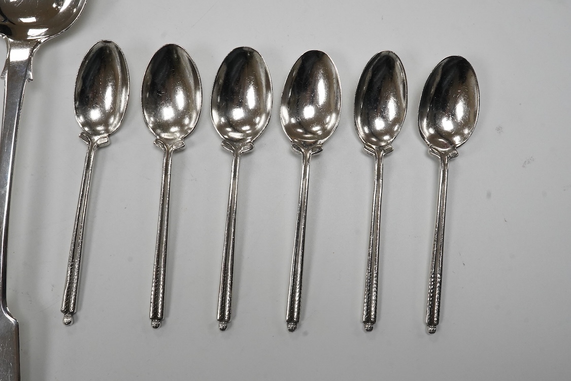 A matched set of three 19th century silver fiddle pattern tablespoons, Josiah Piercy I, London, 1828(2) and The Lias Brothers, London 1831, together with a George III silver Old English pattern sauce ladle Peter & Willia